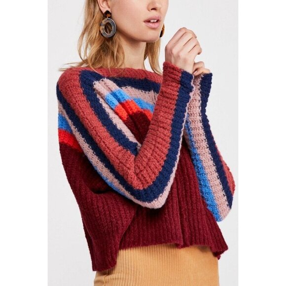 Free People Sweaters - Free People Sweater See The Rainbow Stripe Alpaca Burgundy Boatneck